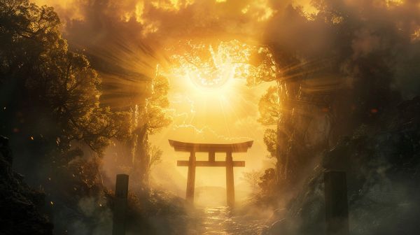 神聖な鳥居から荘厳な光があふれている