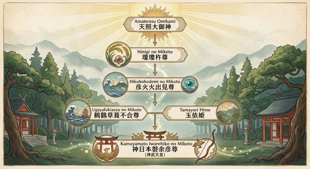 天照大御神から神武天皇(神日本磐余彦尊)へ続く、日向三代を含む家系図のイラスト