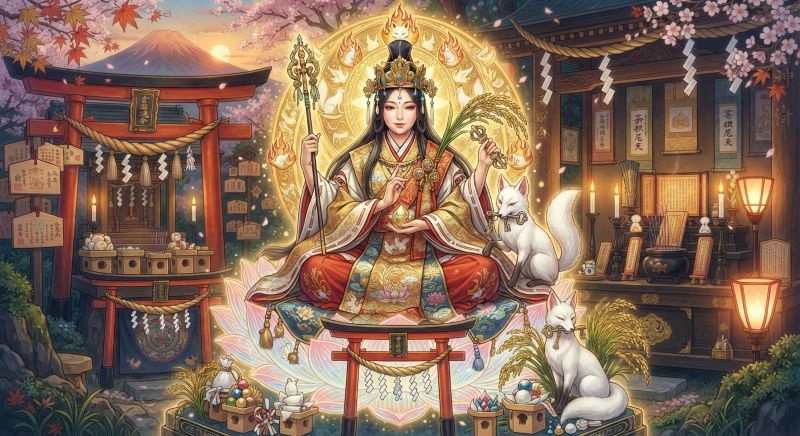 神道の倉稲魂命(宇迦之御魂神)を祀る系統と、仏教の荼枳尼天(だきにてん)を祀る系統を混ぜたイメージ