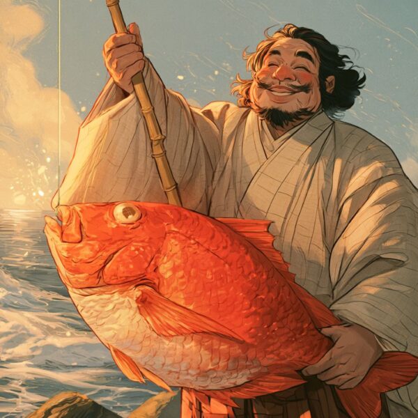 立派な鯛を抱える恵比寿様の姿