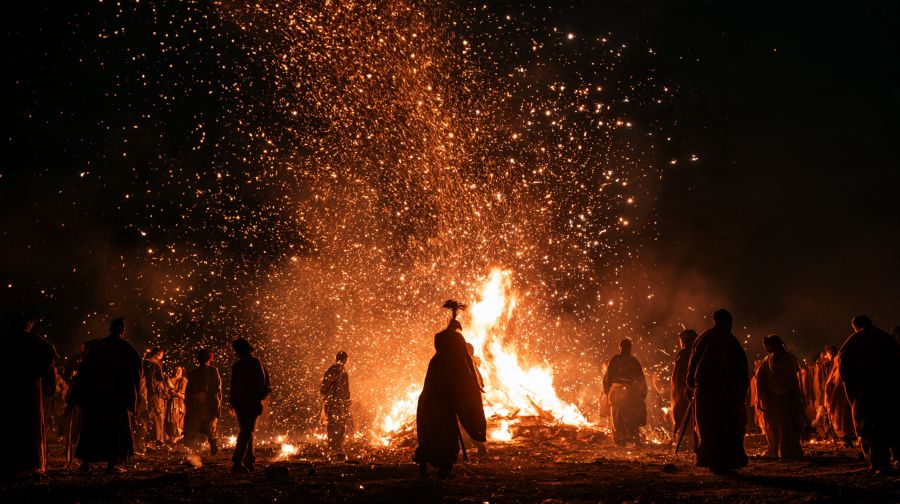 夜の神社で執り行われる火祭り、秋葉信仰の炎と神事を表すイメージ
