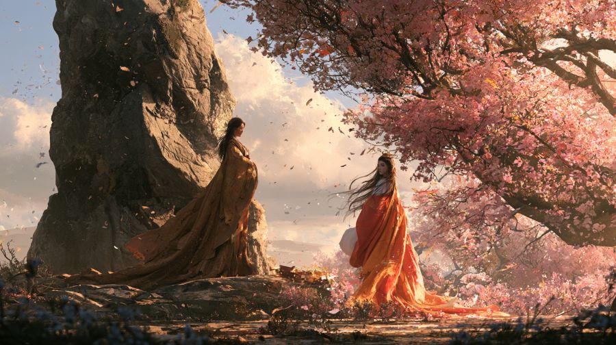 姉の磐長姫命と妹の木花咲耶姫という対照的な2柱の女神のイメージ
