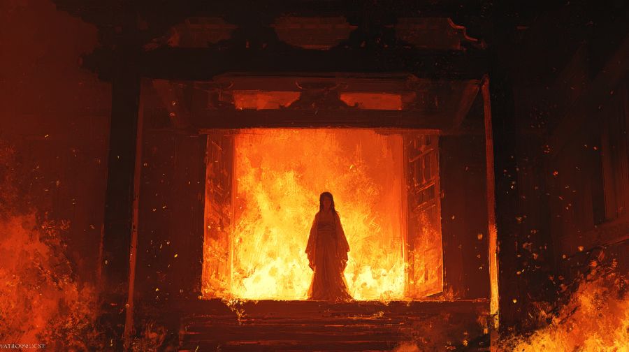 木花咲耶姫が火を放った産屋に入るところ
