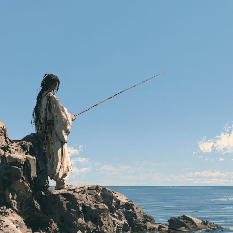 出雲の美保ヶ崎の岩場で釣り竿を持ち、穏やかに海を眺める事代主神のイメージ画像