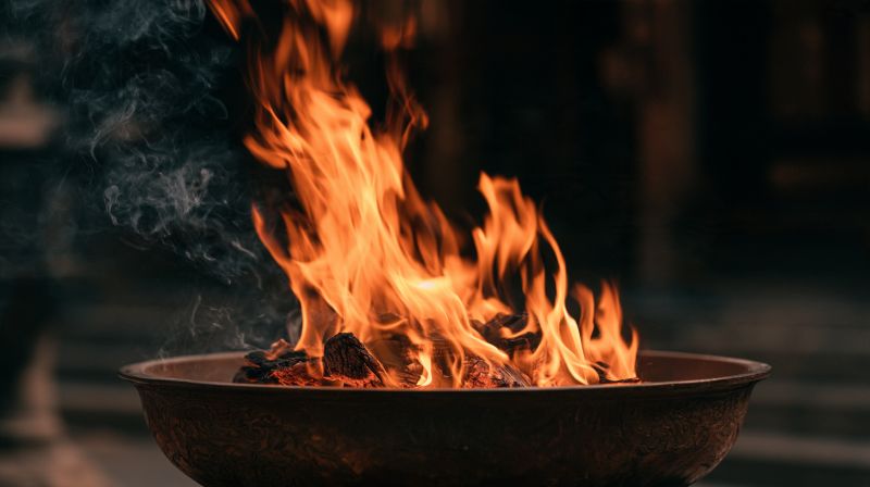 神社の火鉢で静かに燃え盛る神聖な炎、荒ぶる火の神の鎮魂を表現したイメージ
