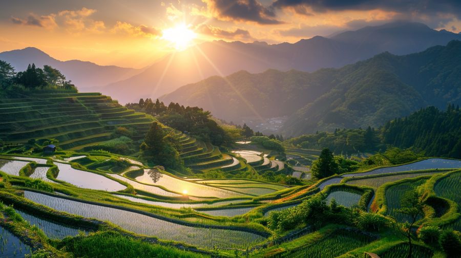 棚田のきれいな山が特徴の景色