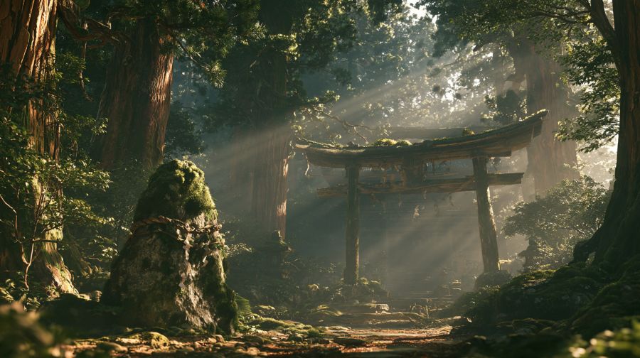 石見神話の中の物部氏の神社を表現したイラスト